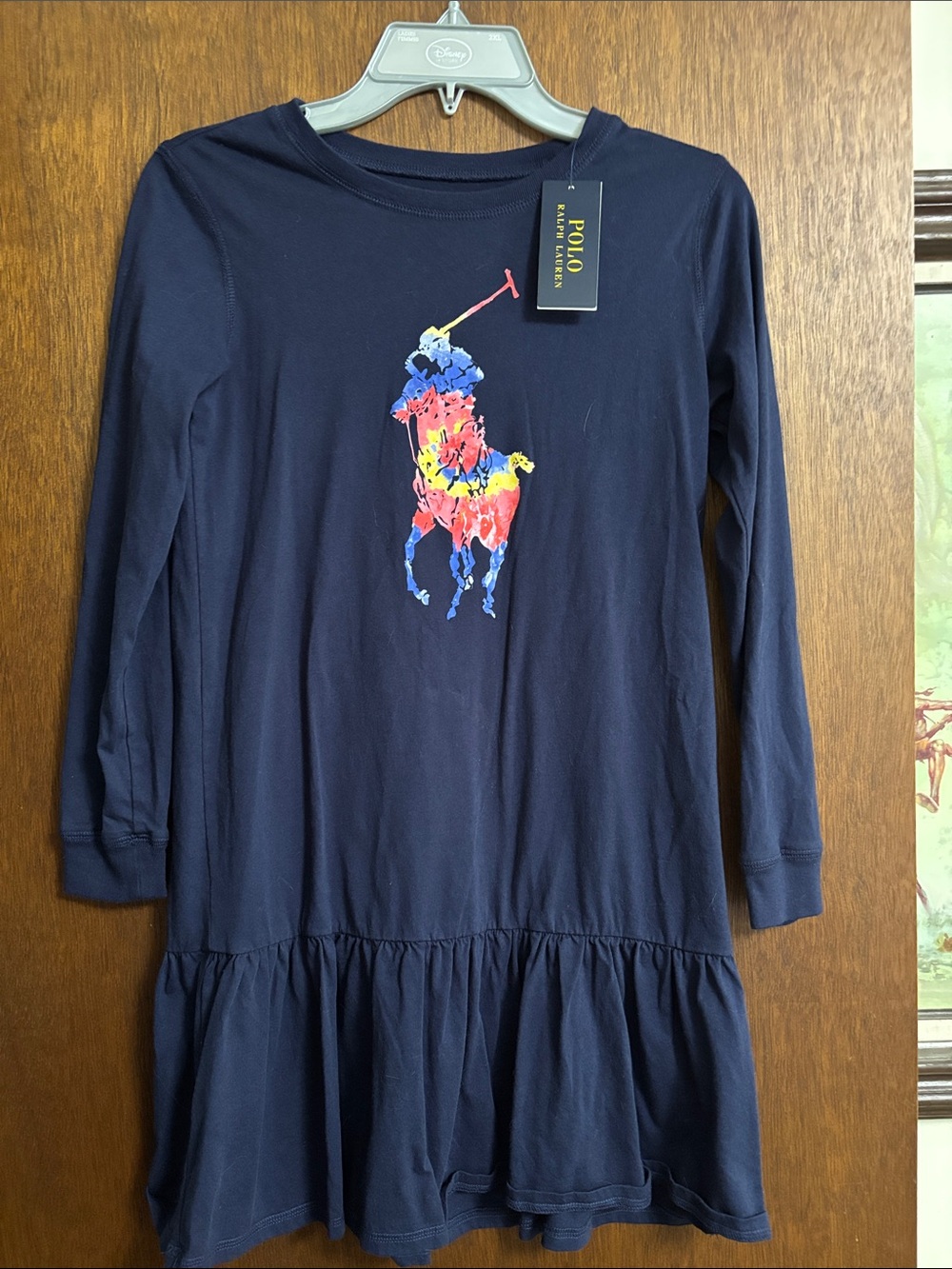 Ralph Lauren Navy Long-Sleeve Ruffle-Hem Dress with Multicolor Polo Logo